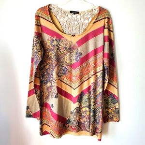 Anthropologie TALIA Women's Tan and Crimson Tunic Top with Lace Back Size Large‎